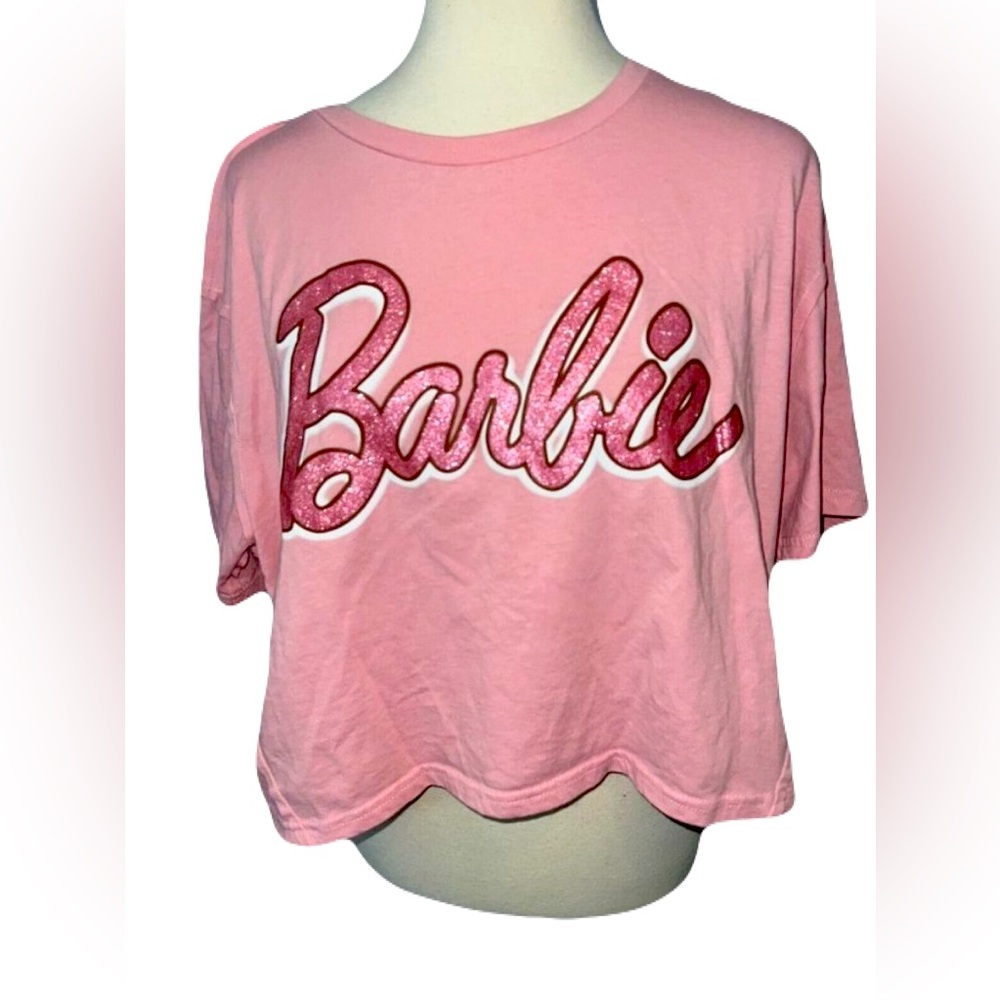 Barbie short sleeve shirt XL Extra Large Crop Pink sparkle Spell Out Graphic